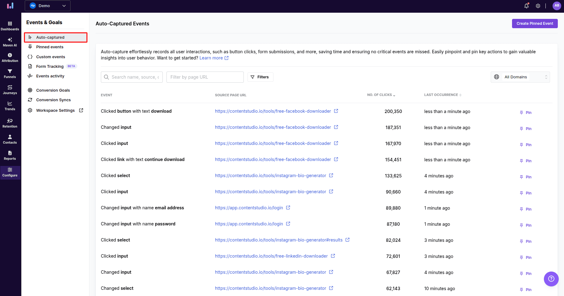 configure auto captured events
